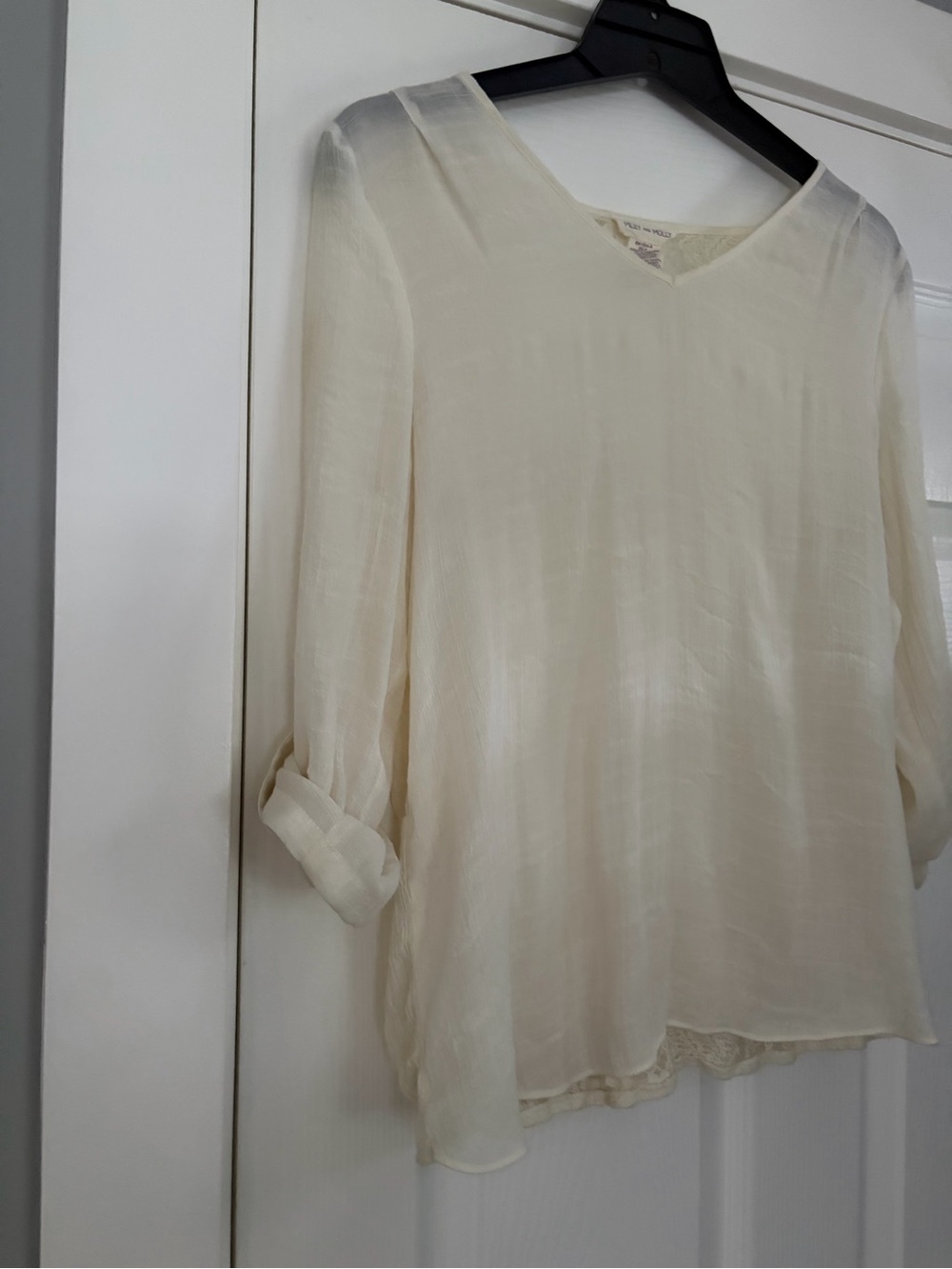 Light Cream V-Neck Roll-Tab Blouse with Lace Hem